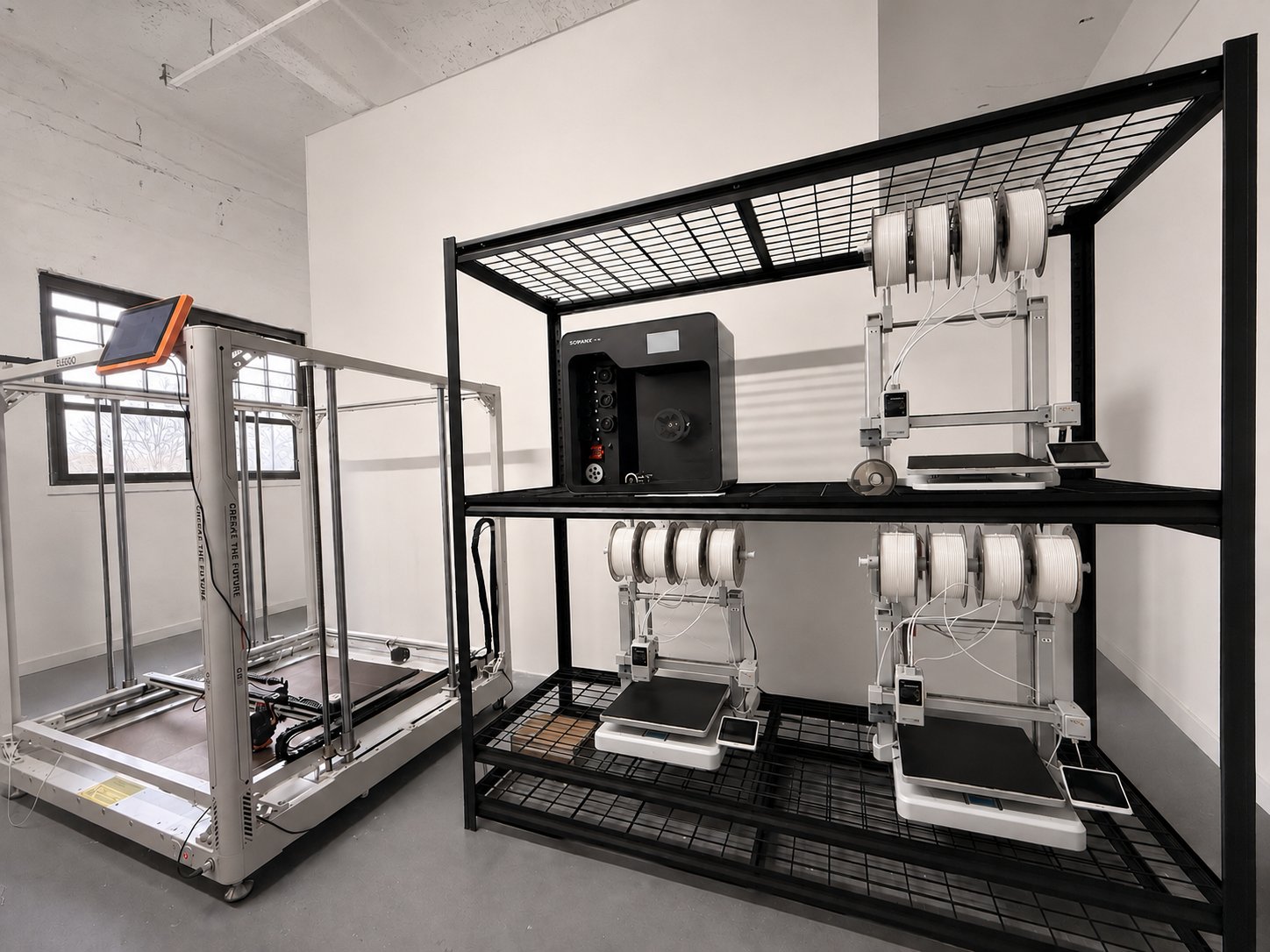 Inside the Liberti Lab studio &mdash; large-format printer and the print rack with desktop printers and filament spools